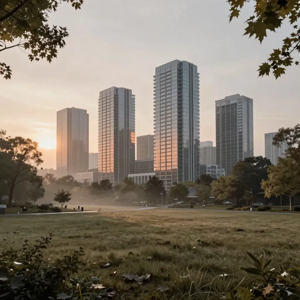 Sunset skyline of York Region above maple trees and damp green space after rain