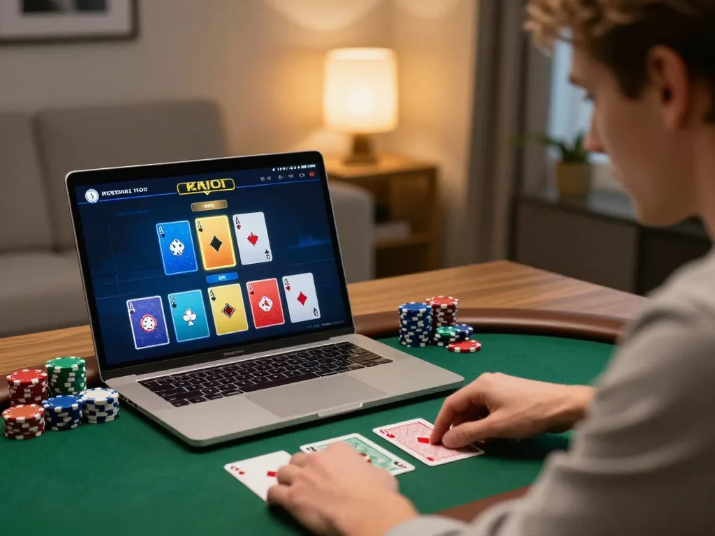 Player showcases strategic gameplay on sunwingo poker platform in a modern home office
