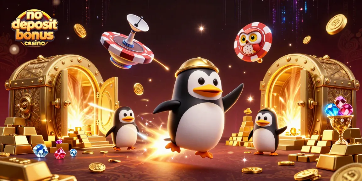 No deposit bonus casino illustration featuring a golden penguin and treasure vault in a dynamic casino scene.