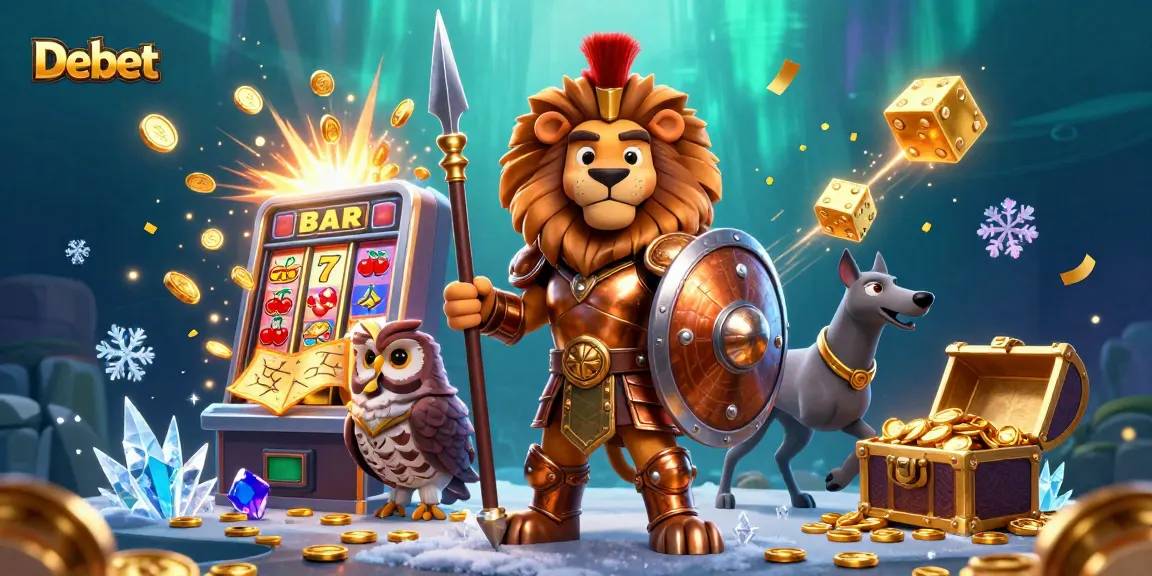 Experience the thrill of Debet's casino games with a vibrant 3D illustration showcasing action-packed gaming elements.