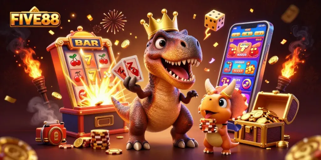 Experience the thrilling world of FIVE88 with a T-Rex dealing cards in this vibrant 3D casino scene.