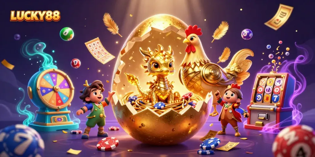 Engage with the LUCKY88 slot game featuring vibrant characters and lottery excitement in a dynamic casino scene.