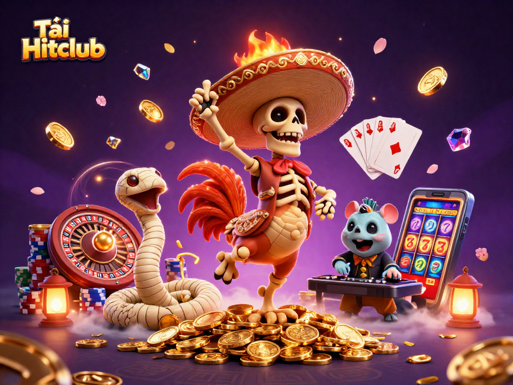 Tải Hitclub with a lively illustration of a victorious mariachi rooster and friends celebrating on golden coins and casino elements