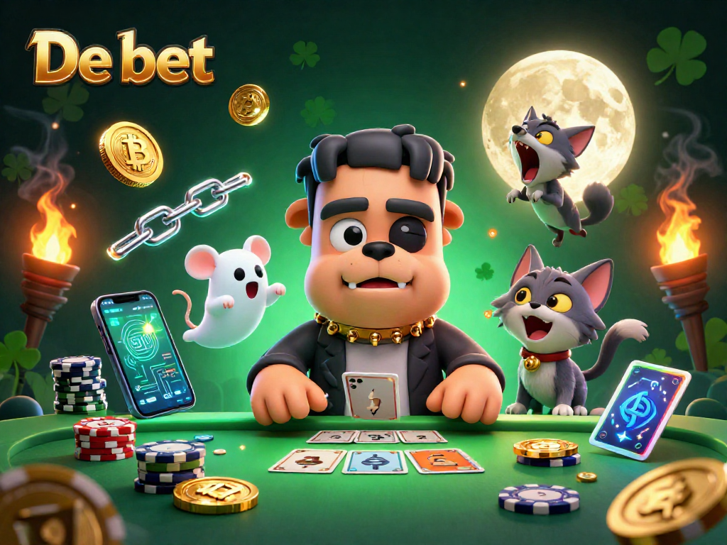 Experience exciting gaming with De bet, featuring a cartoon bulldog dealer, ghost mouse, and wealth elements.