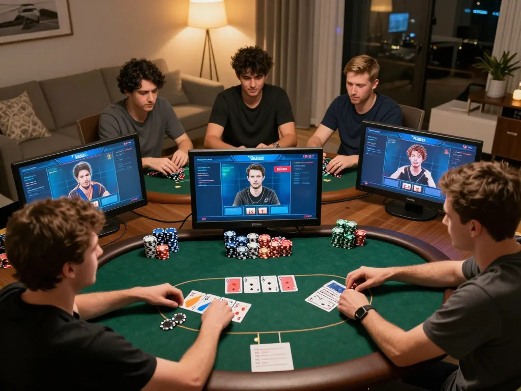 Players enjoying an engaging online poker game using vin88lk, showcasing strategy and interaction in a cozy atmosphere.