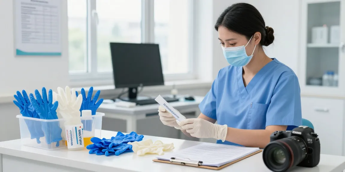 Medical gloves displayed on a healthcare professional's desk in a bright hospital setting.