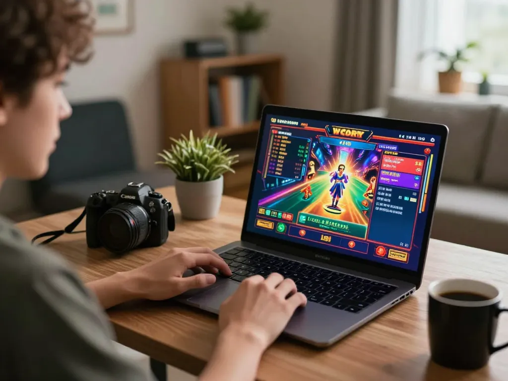 person playing exciting online slots at lc88 com in a cozy home setting, enjoying responsible gaming