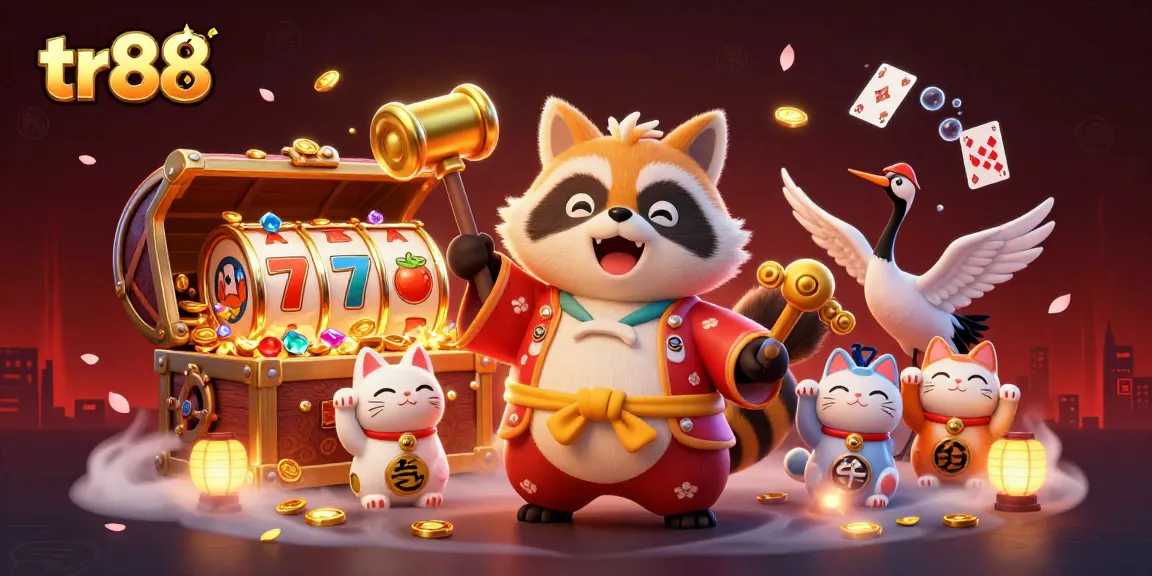 Experience the excitement at tr88 with a cheerful tanuki celebrating wins amidst vibrant casino elements.