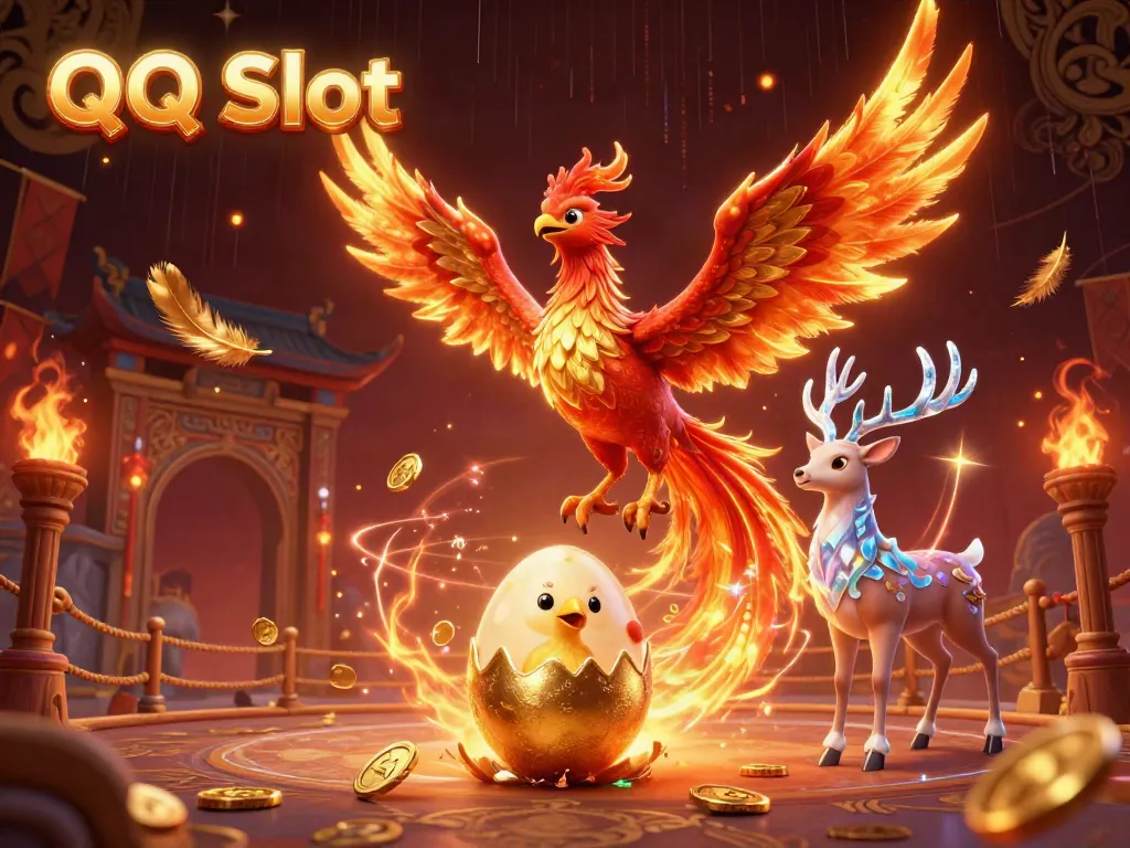 Engage in thrilling QQ Slot gaming with animated characters amidst a dynamic casino environment.
