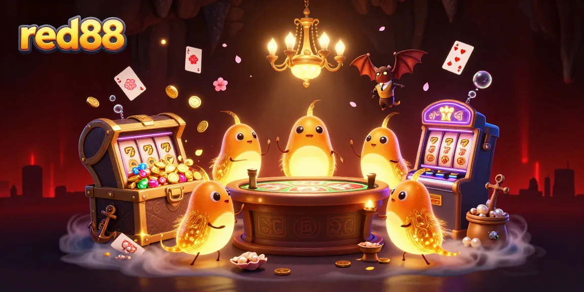 Experience thrilling games at red88 casino, featuring vibrant glowworms amidst dynamic slot machines and rich treasures.