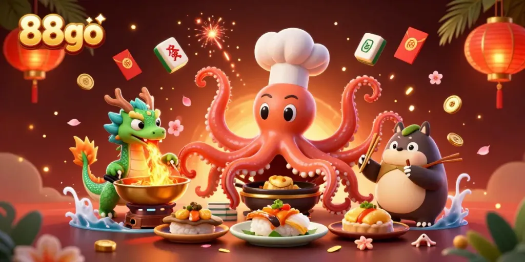 Engaging scene showcasing 88go with a sushi chef octopus, fiery dragon, and tanuki customer amidst vibrant gambling elements.