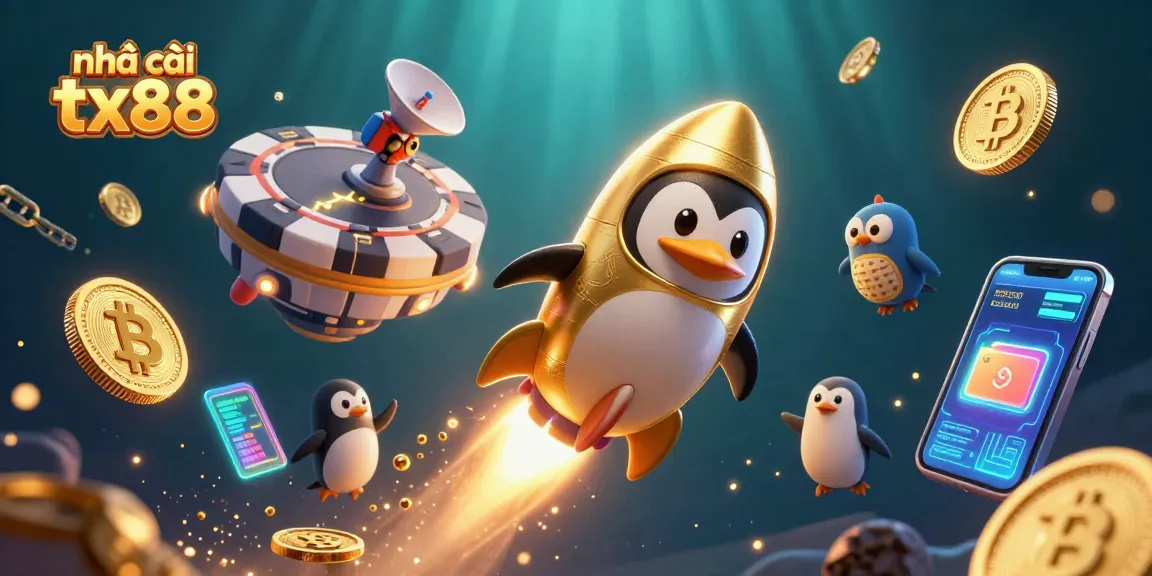The nhà cái tx88 rocket-powered penguin zooms to the casino space station, surrounded by crypto coins.