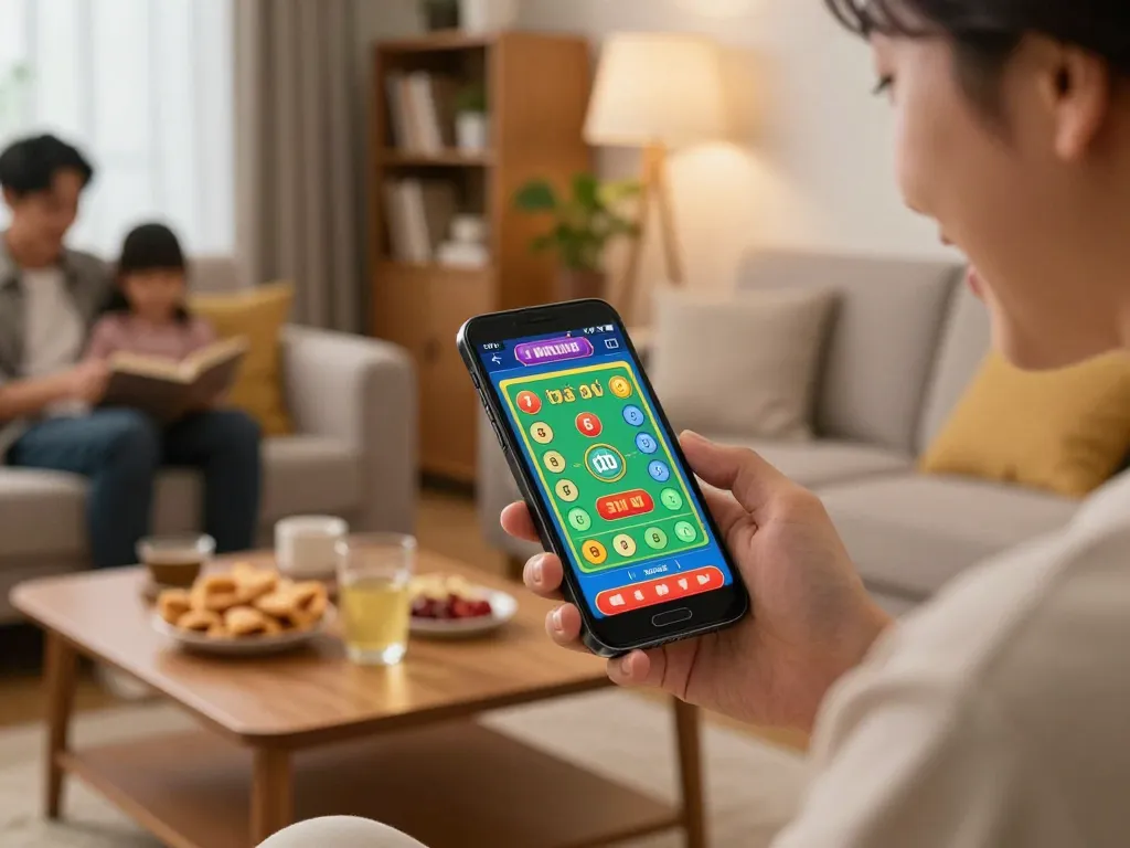 Player enjoying app tài xỉu online on smartphone in a cozy living room setting