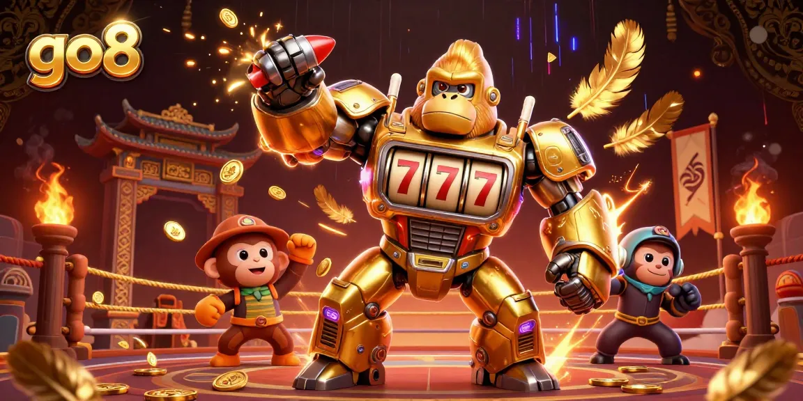Engage with go8 in this dynamic 3D scene featuring a golden gorilla mech and casino elements.