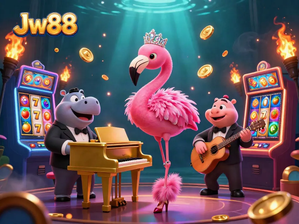 Experience the vibrant energy of Jw88 with lively cartoon characters showcasing casino action.