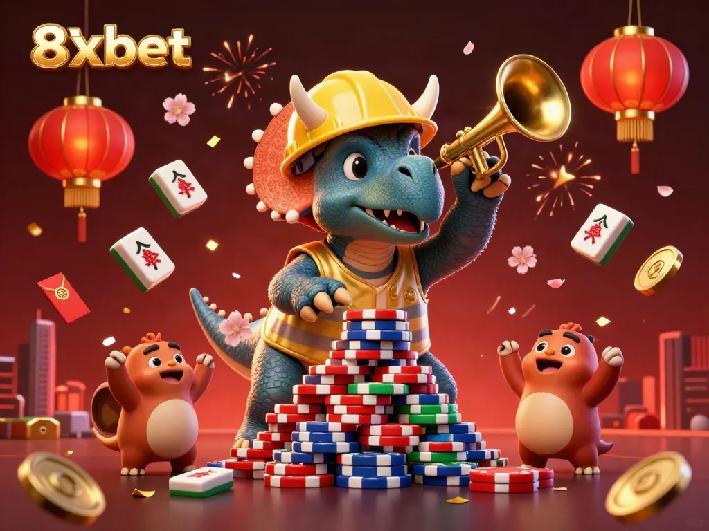 8xbet celebrates with a triceratops building poker chips amidst festive casino elements.