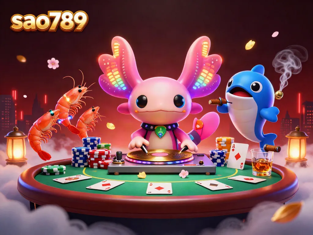 Sao789 showcases an animated casino scene with a vibrant DJ axolotl and lively aquatic characters.
