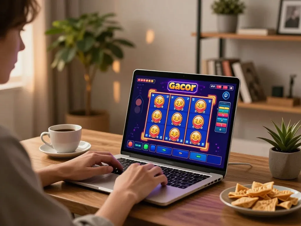 Engaging in slot gacor games at home on a laptop, showcasing excitement and strategy in gaming.