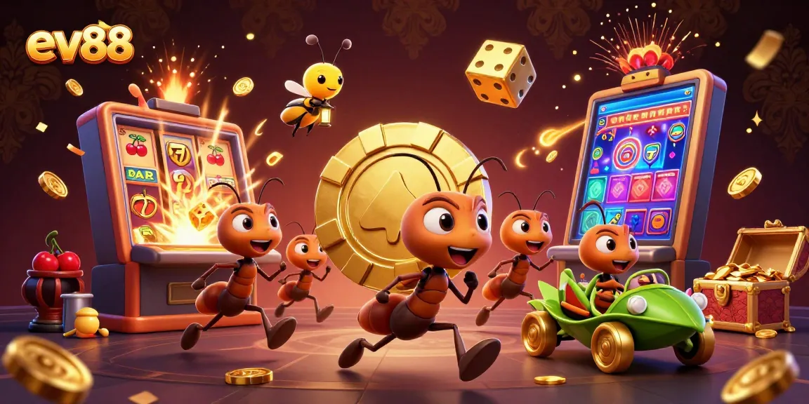 Join the ev88 heist with cartoon ants stealing a giant poker chip amidst explosive casino action.