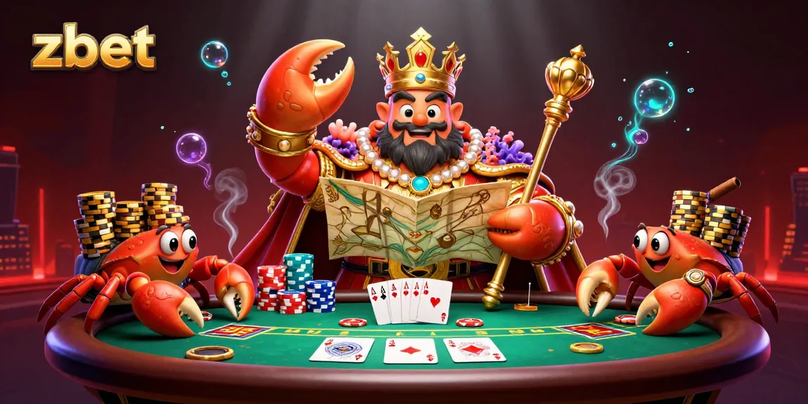 Experience zbet gaming excitement with a dynamic 3D scene of a golden crab emperor at a vibrant poker table.