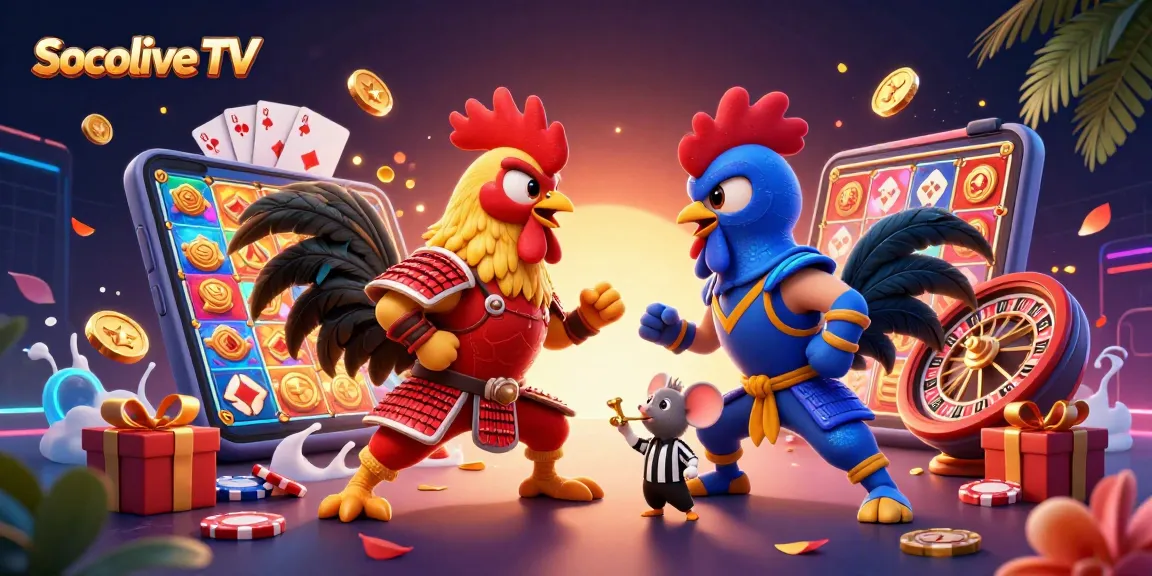 Socolive TV entertains as twin roosters face off in a thrilling gambling showdown with festive game elements.