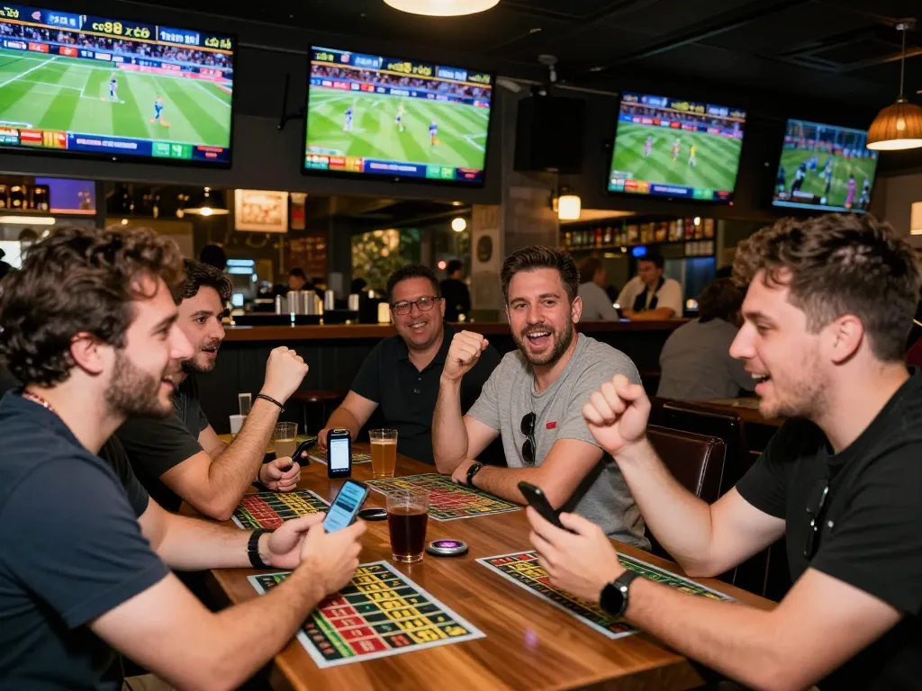 Engaged sports betting fans at a lively sports bar placing bets on co88 xổ số, capturing the energetic atmosphere.