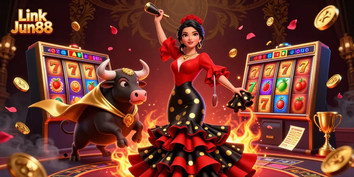 Experience excitement with Link Jun88 as a stunning woman in flamenco attire poses beside a golden-themed bull.