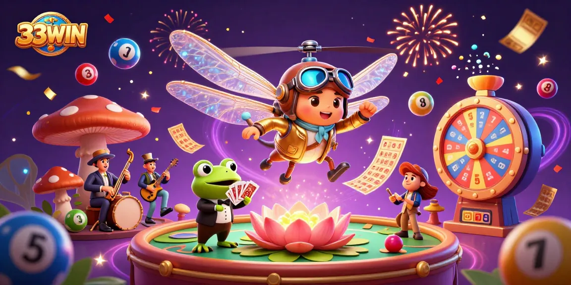 Experience the excitement of 33WIN with a vibrant casino scene featuring dynamic lottery elements and colorful characters.