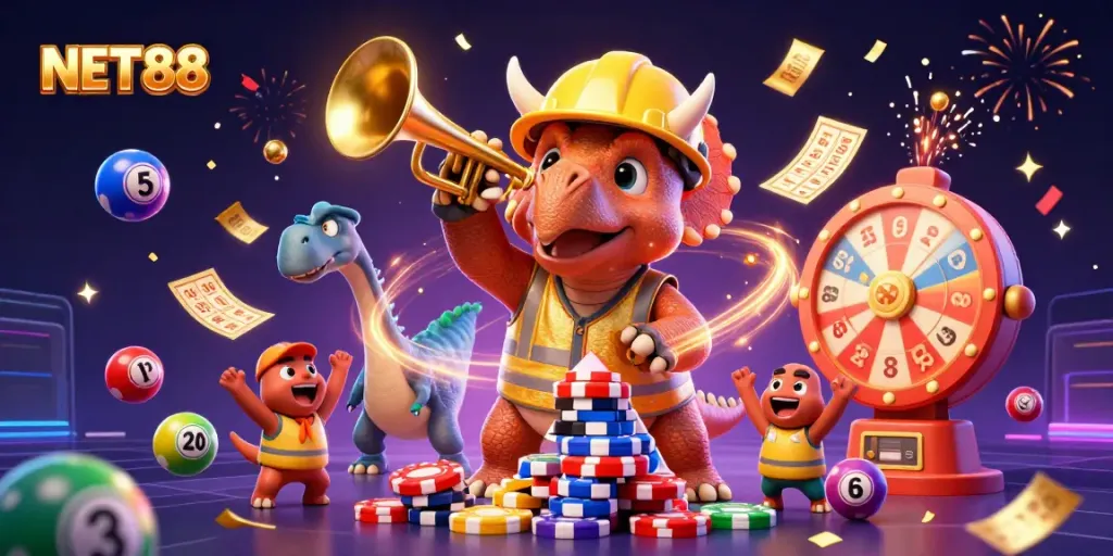 NET88 jackpot scene with playful dinosaurs building poker chip pyramids amidst vibrant casino elements.