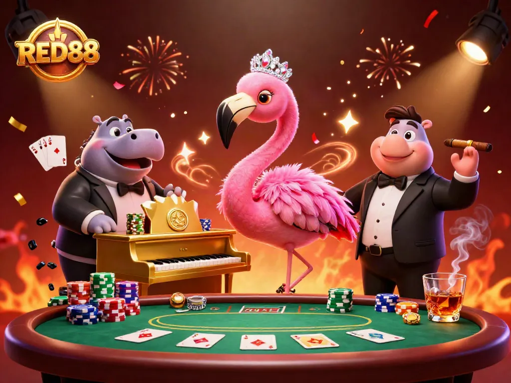 Experience the vibrant energy of RED88 with a dynamic casino scene featuring singing flamingo, hippo bassist, and poker elements.