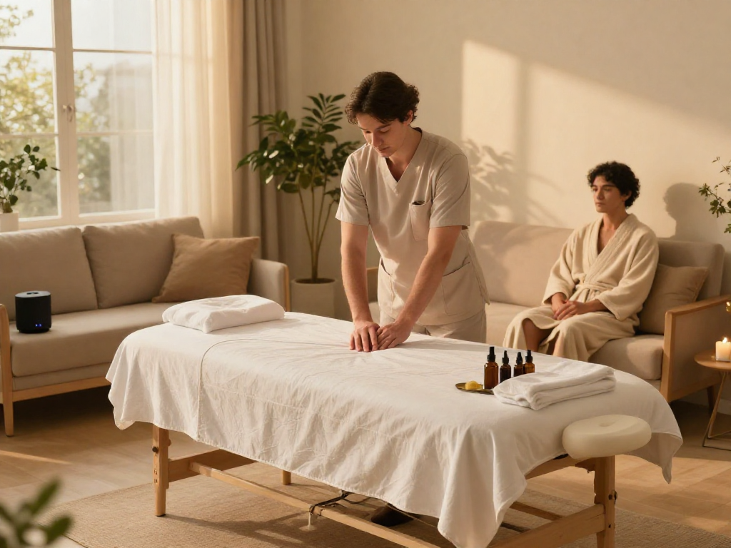 High-quality 영등포출장안마 service in a tranquil home setting with a professional therapist preparing for a massage.