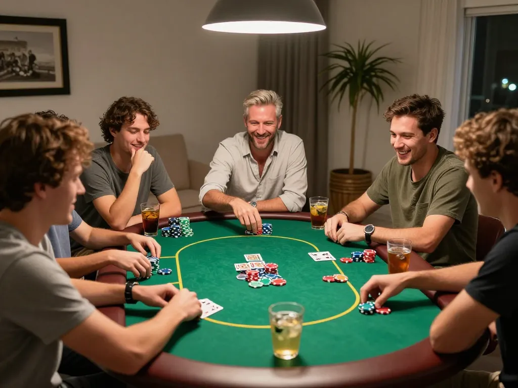 Cá cược Say88 at home poker night with friends competing around a round table, showcasing excitement.