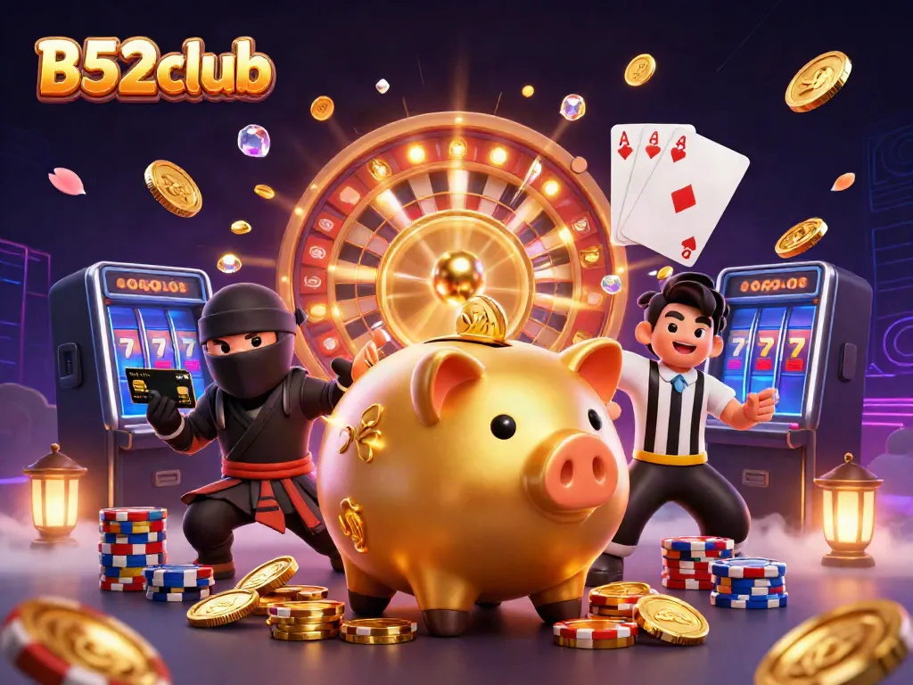 B52club piggy bank sumo wrestler shakes coins while wallet ninja and credit card samurai referee clash.