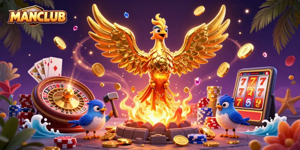 MANCLUB showcases an enchanting phoenix and sparrows in a lively casino scene with vibrant gaming elements.