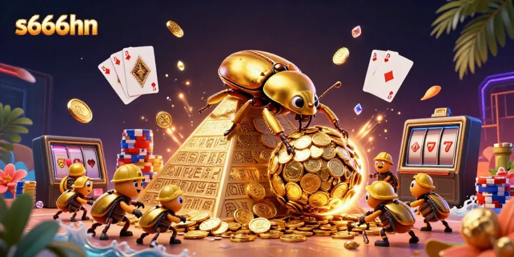Spin to win with s666hn as golden beetles roll coins in a thrilling casino scene.