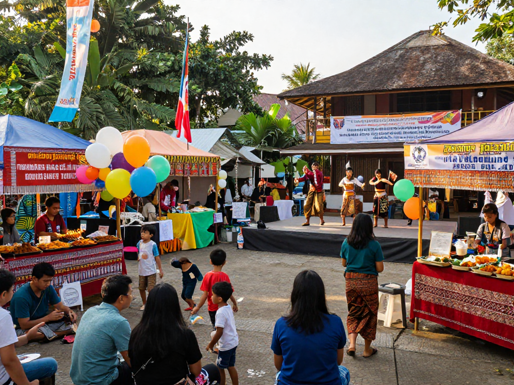 Festival budaya yang meriah dengan suasana kangbet, keluarga dan teman berkumpul sambil menikmati makanan lokal.
