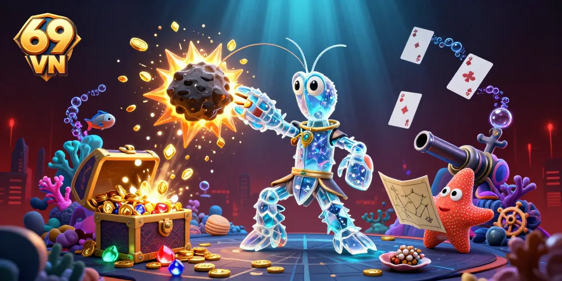 Engage in thrilling gaming at 69 VN, where a vibrant 3D scene showcases explosive fun with coins and gems.