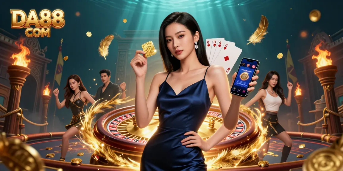 Spin and win with DA88 COM, showcasing a confident gambler in a vibrant casino setting.