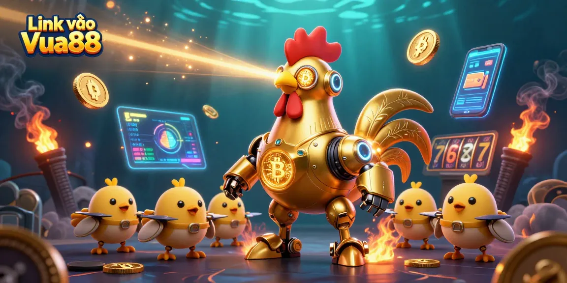 Experience the excitement of Link vào Vua88 with dynamic characters and glowing crypto elements enhancing online gaming.