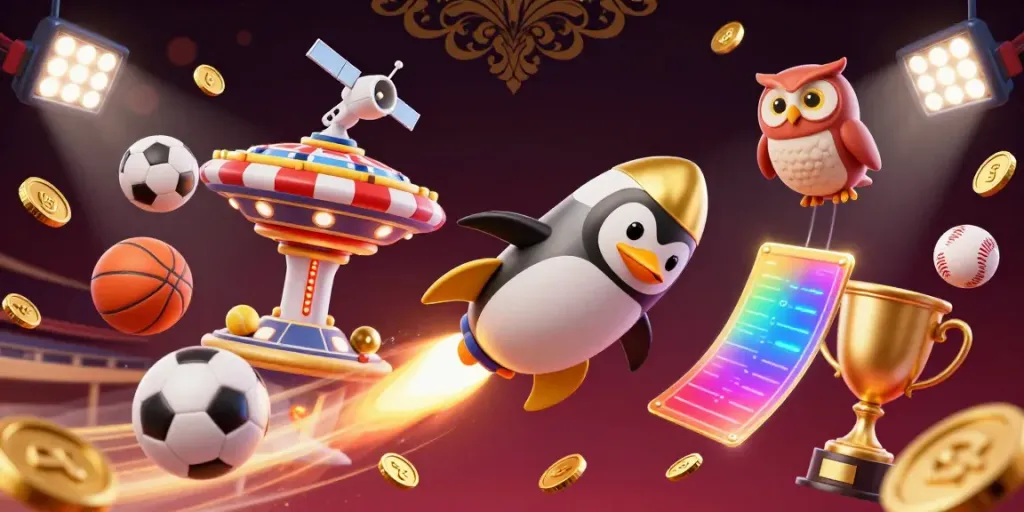 Experience the thrilling adventures of tg 88 as a golden penguin navigates a casino-themed space, surrounded by dynamic sports elements.