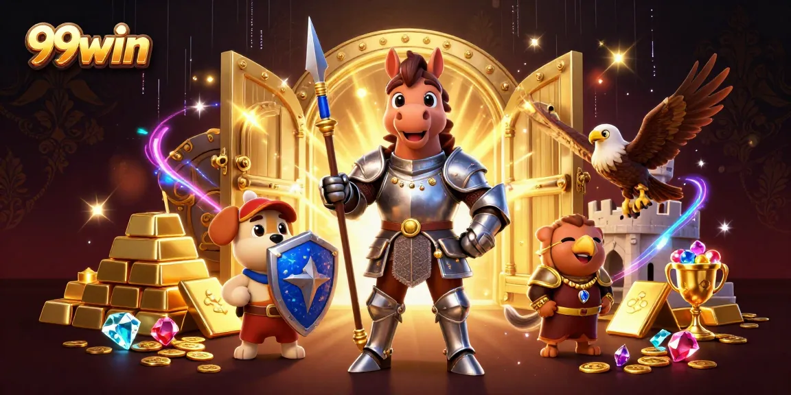 Experience thrilling wins with 99win's vibrant medieval casino adventure illustration, showcasing a knight, squire, and falcon.