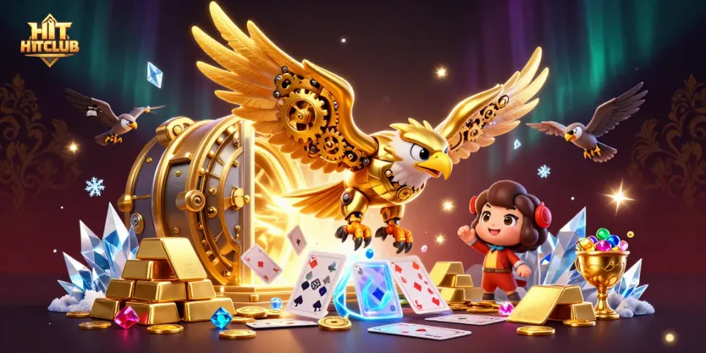 Engage with HITCLUB's casino magic through 3D rendered golden eagle and immersive cityscape treasures.