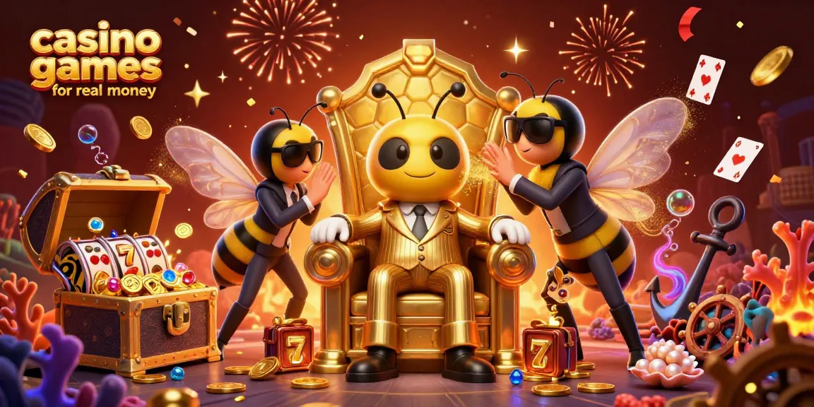 Experience the thrill of casino games for real money with a vibrant 3D illustration of a bumblebee mob boss amidst a treasure-filled setting.