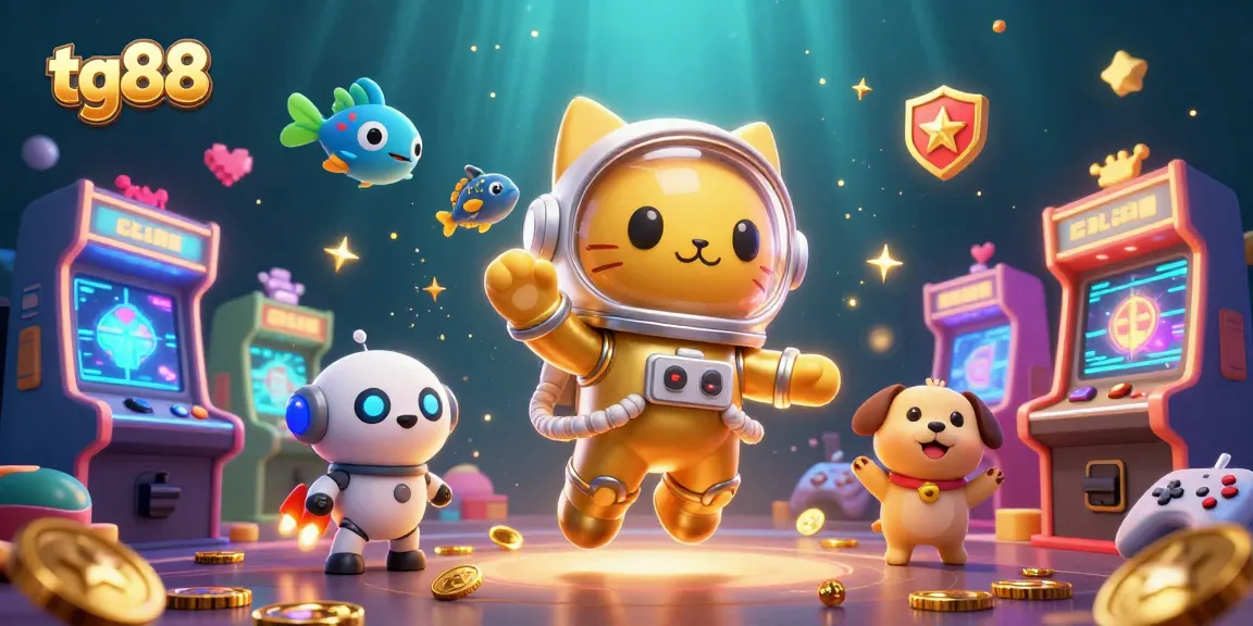Engage with tg88, a vibrant casino scene featuring a cat astronaut and robot dog amidst colorful gaming elements.