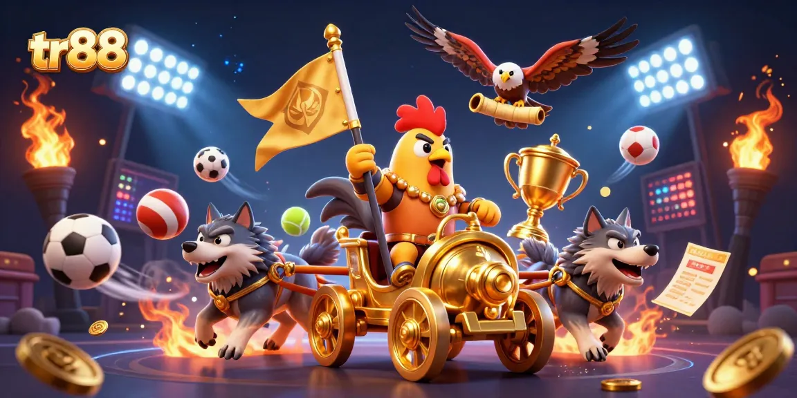 tr88 showcases a dynamic 3D illustration featuring a rooster warlord in a casino-themed chariot amidst sports betting elements.