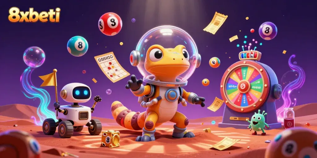 Experience the excitement of 8xbeti with a Martian gecko celebrating at a golden casino on Mars.