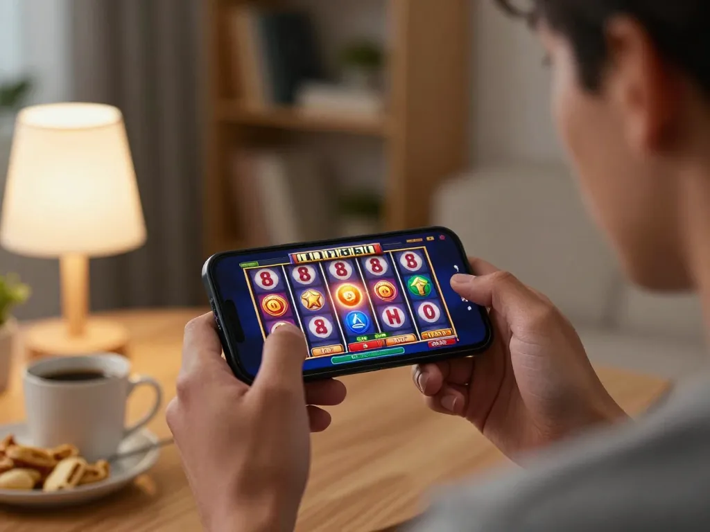 Lu 88 player enjoying engaging slot gameplay on smartphone in cozy home environment.