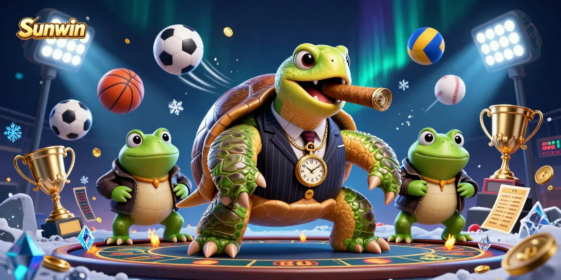 Experience Sunwin gaming with a massive snapping turtle and bullfrog enforcers amidst dynamic sports elements.