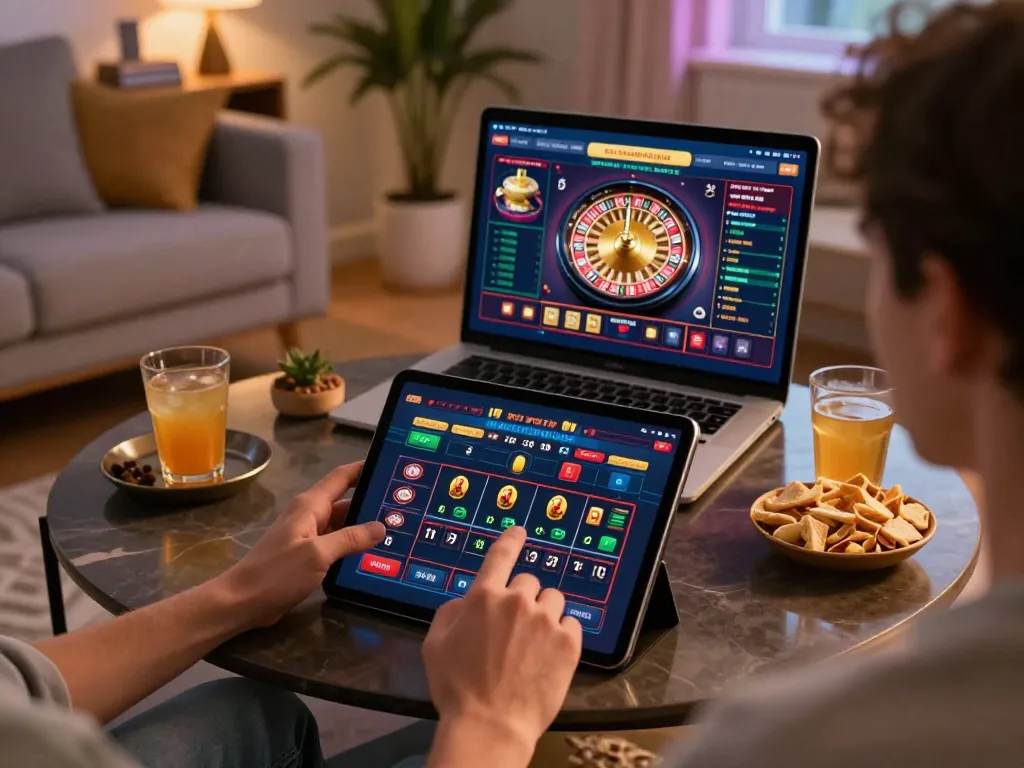 Engaging with Trang chủ Lucky88 through a tablet in a cozy home gaming setup with a roulette interface