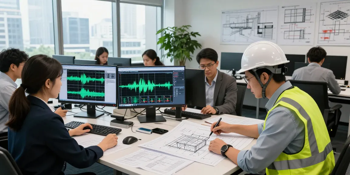 Seismic Design Engineer Canada collaborating on structural blueprints in a modern office with advanced software.
